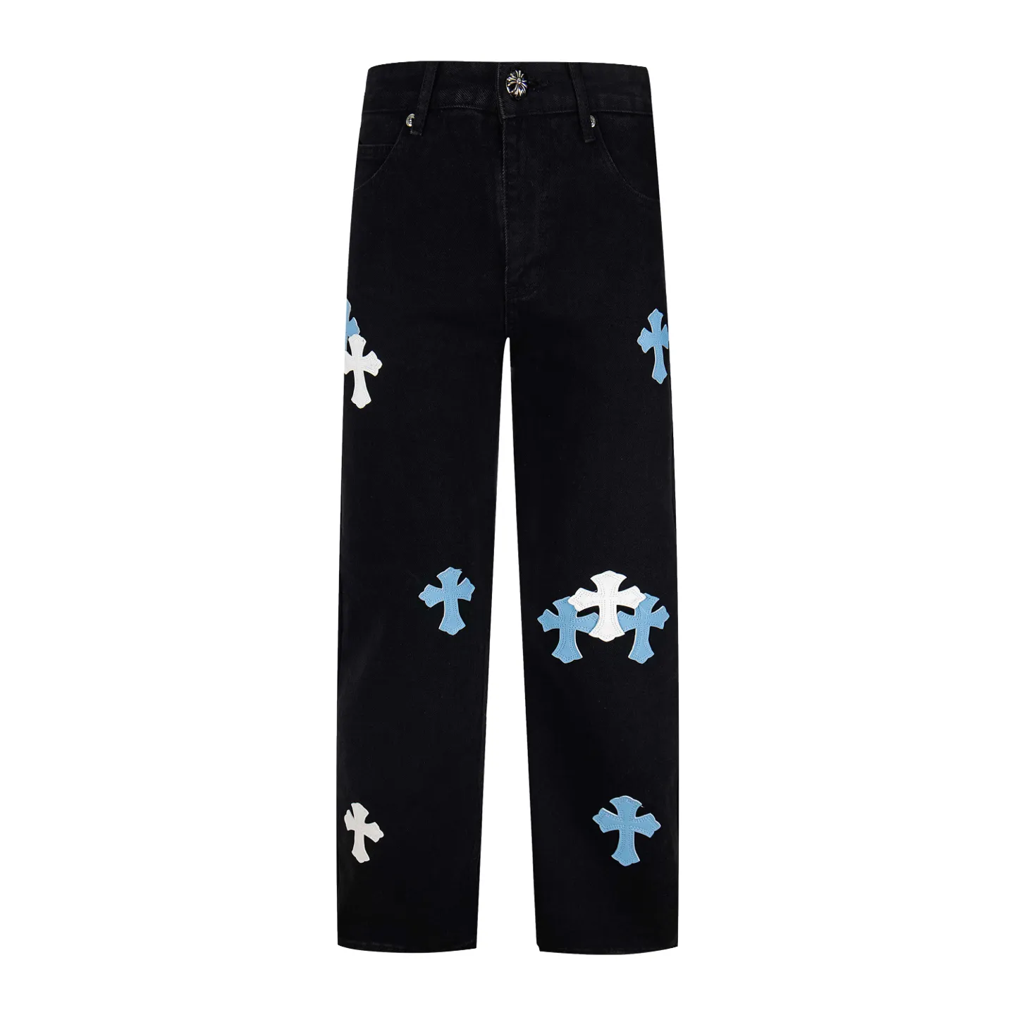 P260 Chrome Hearts Black Pants, Sanskrit Blue and White Multi-Leather Jeans. CH jeans need to be washed and then disassembled and hand-stitched with sheepskin cross leather and then spliced ​​together. The whole piece has too many craftsmanship to explain. The patchwork is decorated with cross patterns and the high-waisted washed jeans! ! Absolutely high-end luxury products, god-level single products and super popular products, made with top heavy industry, a must-see magic weapon. Customized hardware. The fabric is thick and soft after washing. It has good breathability. Customized small leather label. Unique design. The details are simple and elegant, and the workmanship is exquisite. The entire trousers are neatly routed and the details are in place! It’s so cool that both men and women can easily control the genderless trend! Style number: 1801# Color: black Size: 28 30 32 34
